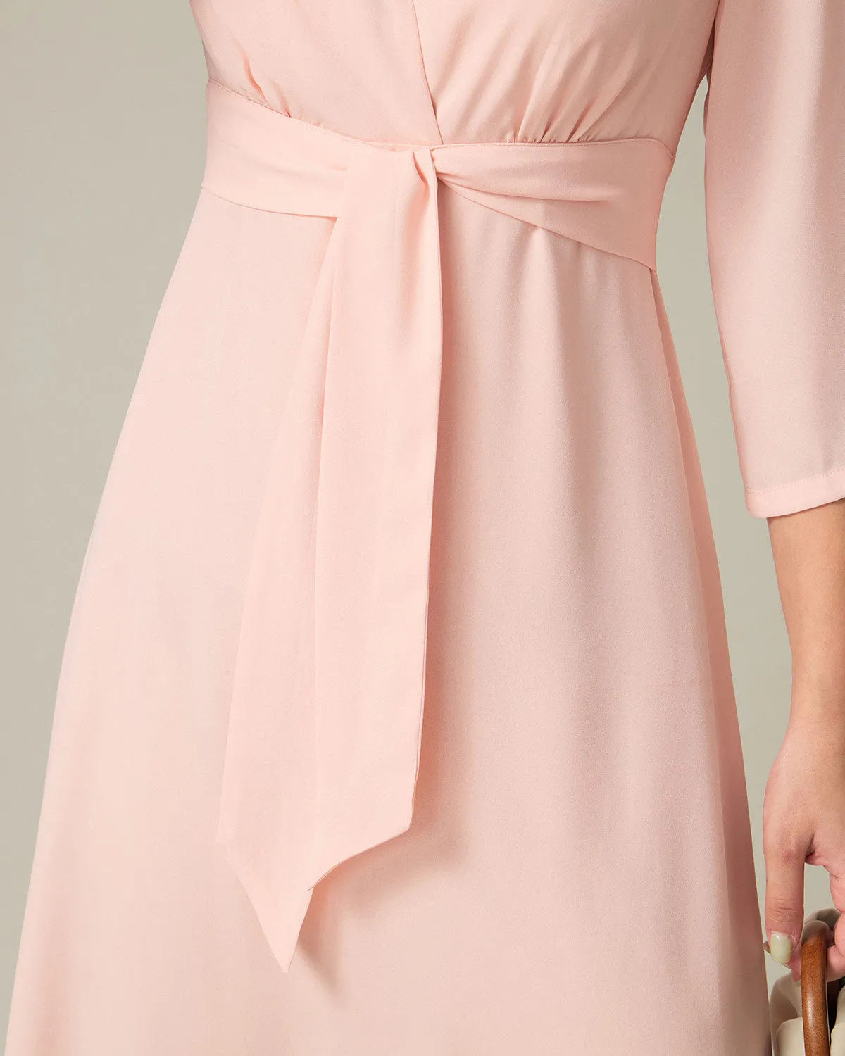 Pink V-Neck Pleated Midi Dress sold by rihoas product image thumbnail 2