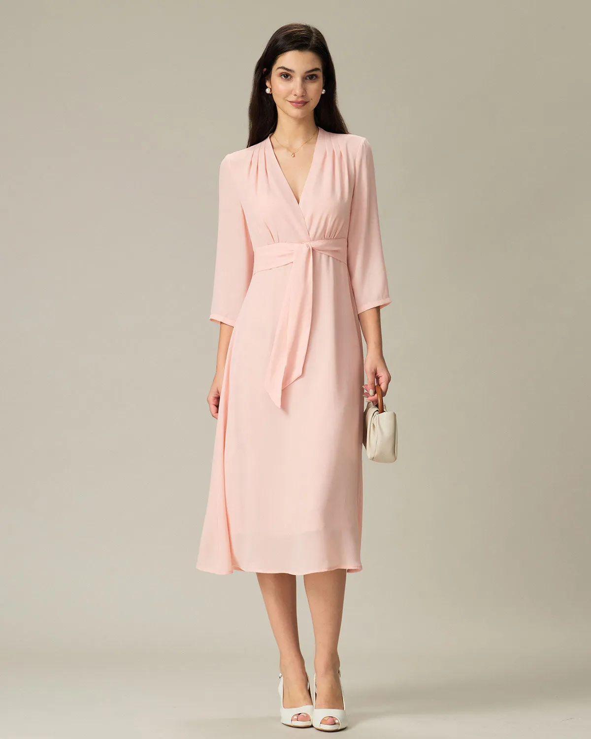 Pink V-Neck Pleated Midi Dress sold by rihoas product image thumbnail 3