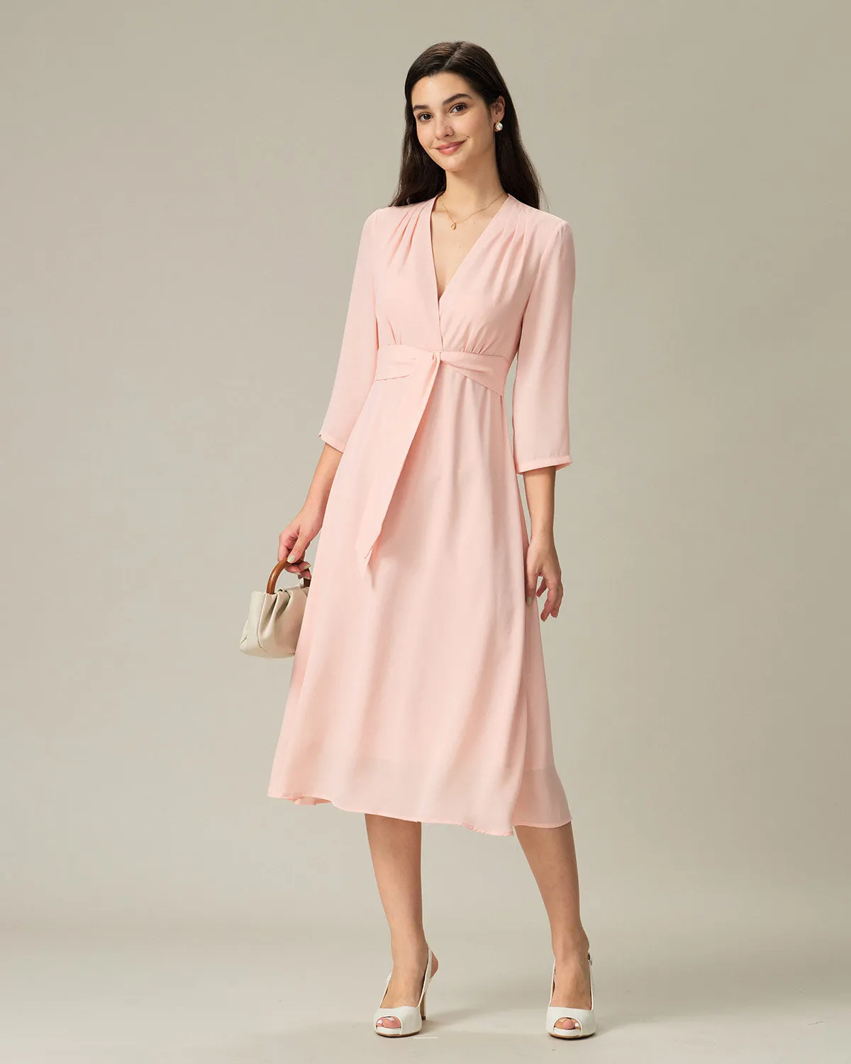 Pink V-Neck Pleated Midi Dress sold by rihoas