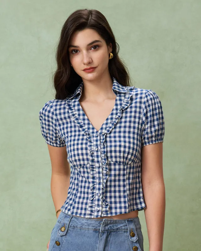 Blue Plaid Puffed Sleeve Blouse sold by rihoas
