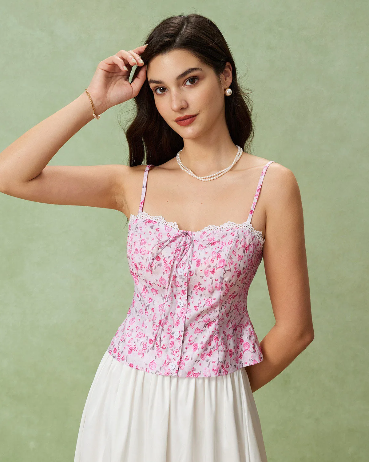 Pink Floral Sweetheart Neck Cami Top sold by rihoas