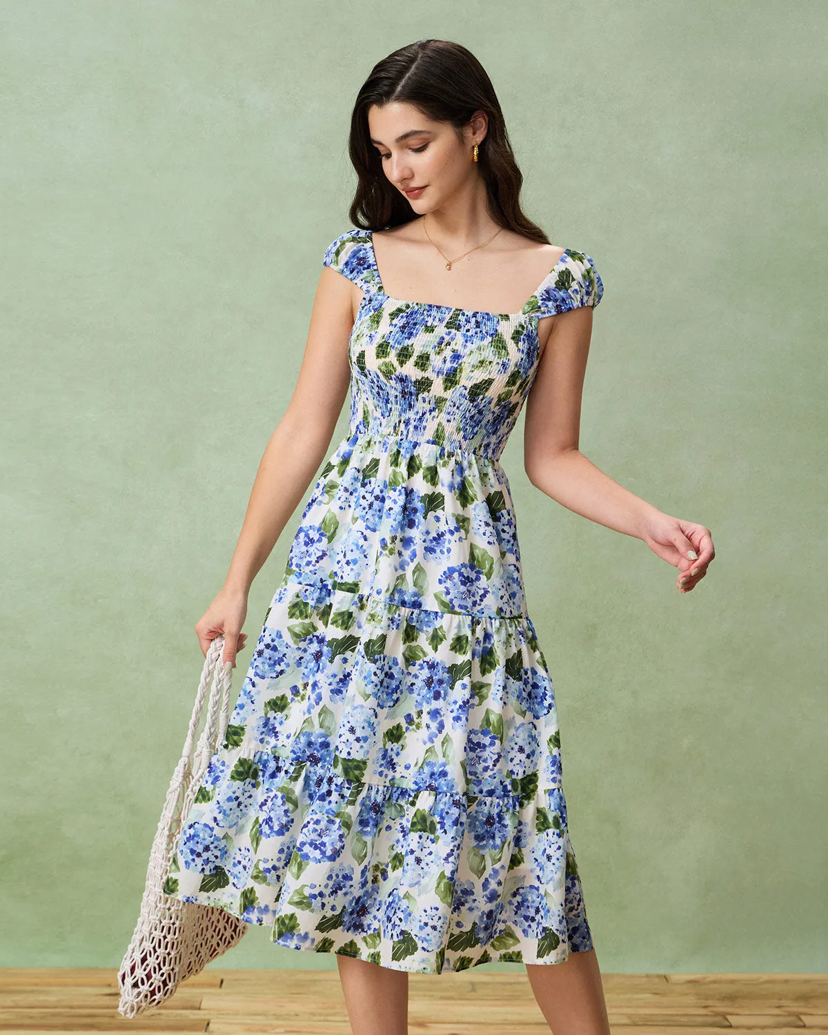 Blue Floral Square Neck Shirred Midi Dress sold by rihoas product image thumbnail 3