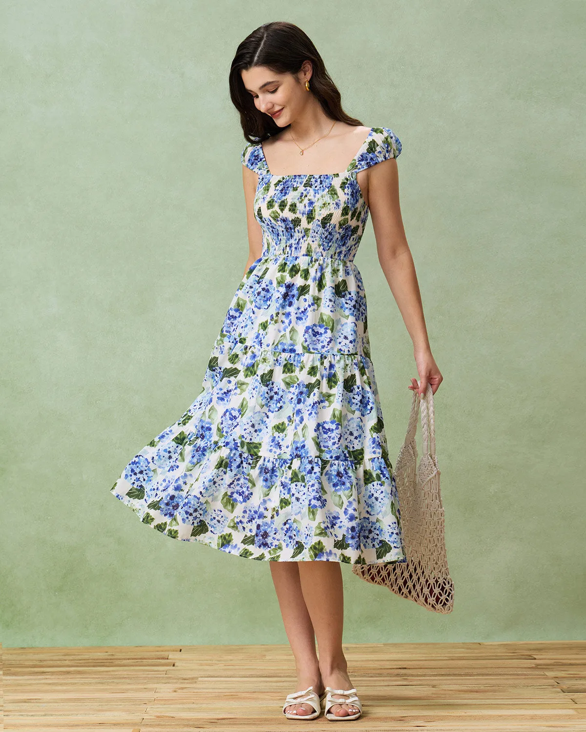 Blue Floral Square Neck Shirred Midi Dress sold by rihoas product image thumbnail 4