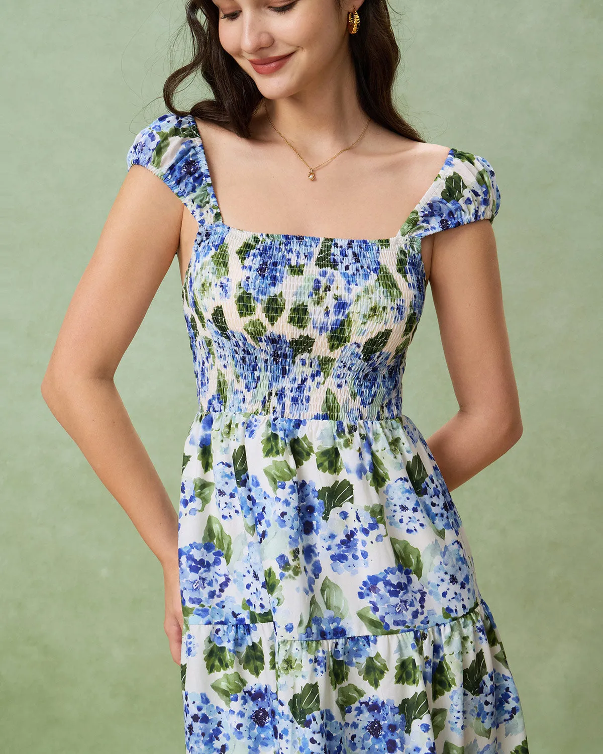 Blue Floral Square Neck Shirred Midi Dress sold by rihoas product image thumbnail 2