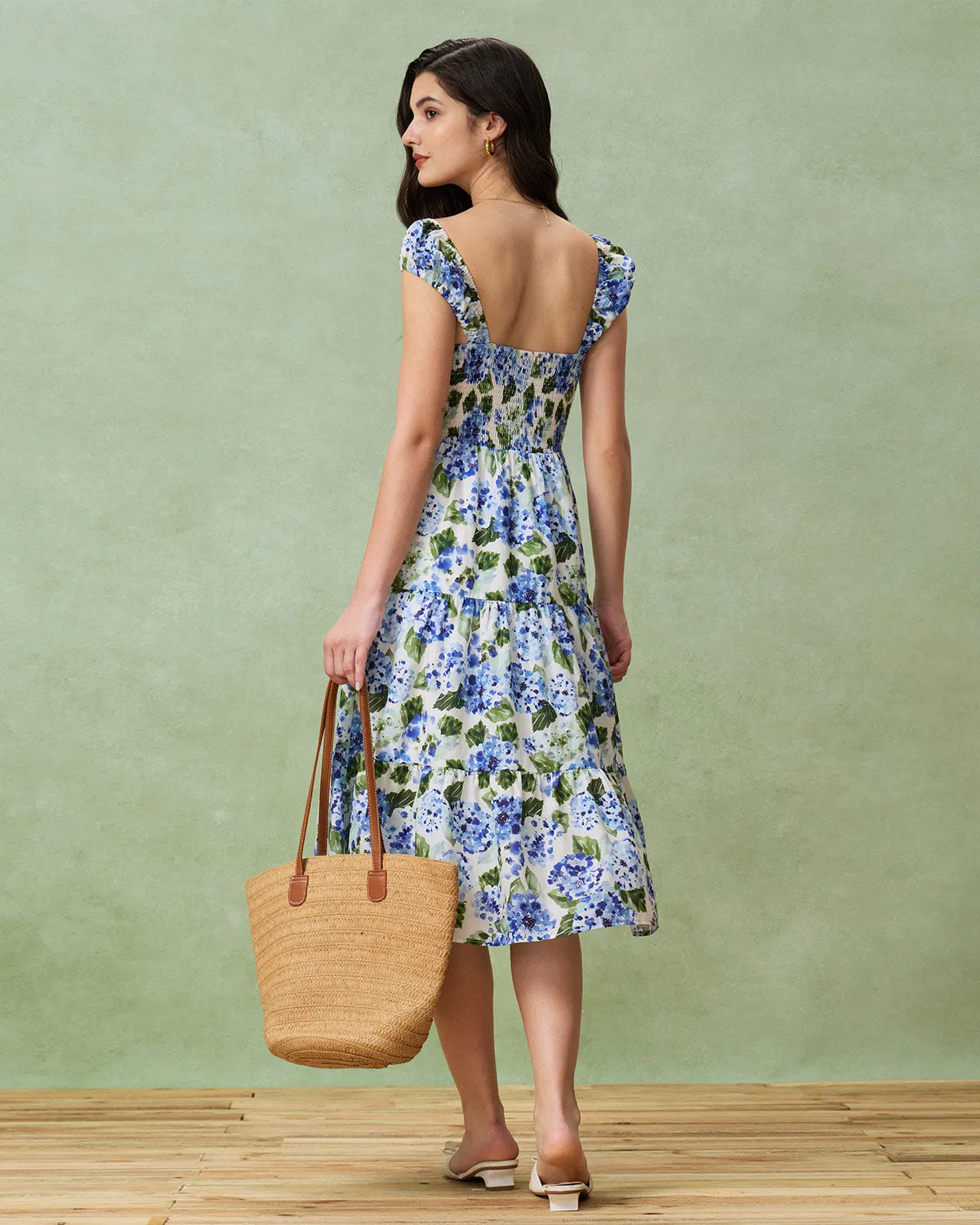 Blue Floral Square Neck Shirred Midi Dress sold by rihoas product image thumbnail 5