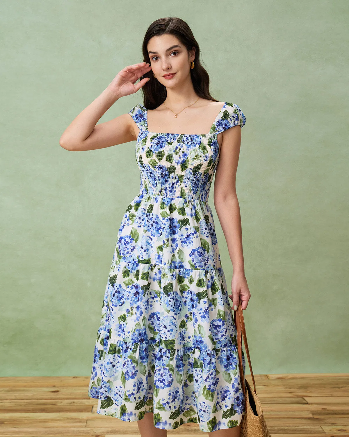 Blue Floral Square Neck Shirred Midi Dress sold by rihoas