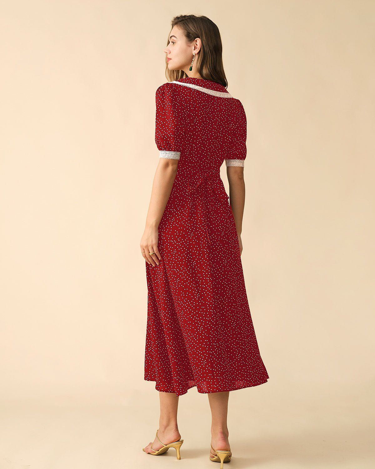 The Red Polka Dot Lace Trim Midi Dress sold by rihoas product image thumbnail 3