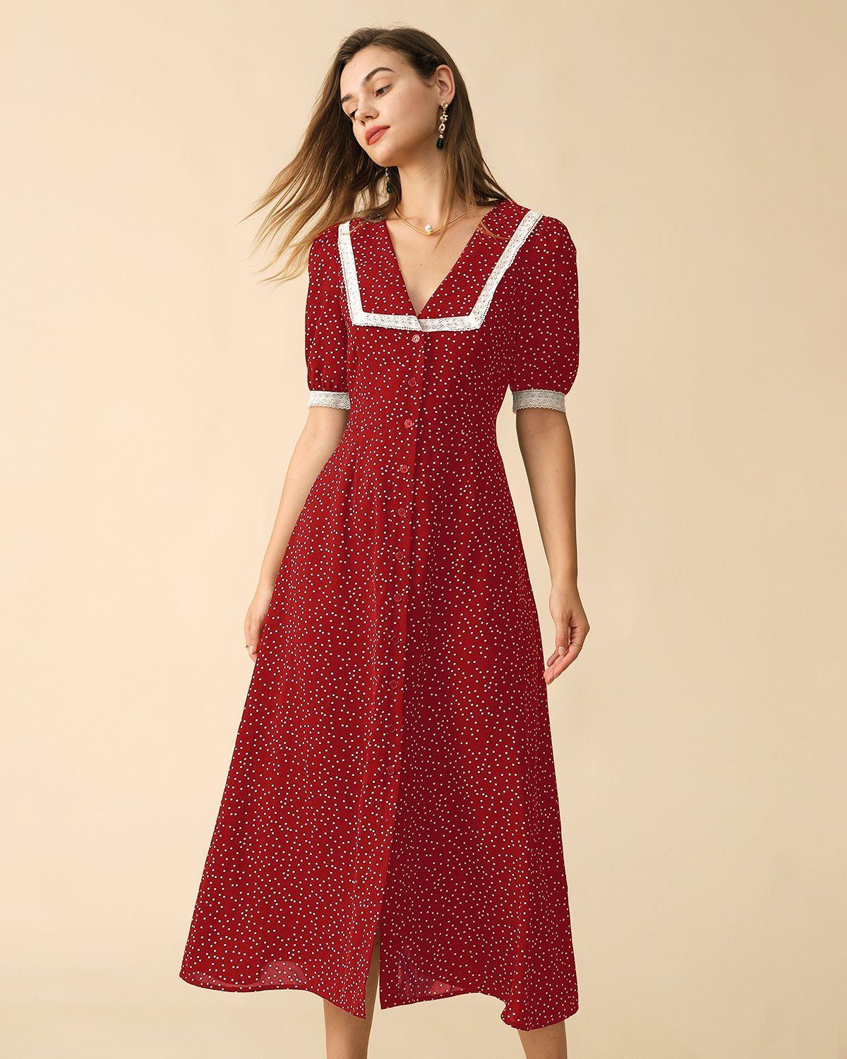 The Red Polka Dot Lace Trim Midi Dress sold by rihoas
