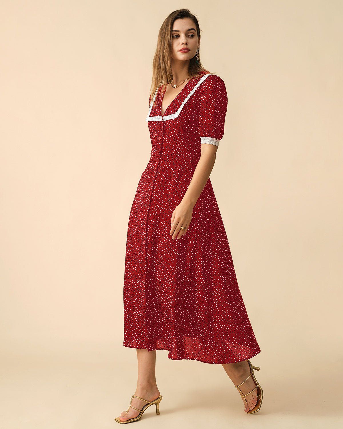 The Red Polka Dot Lace Trim Midi Dress sold by rihoas product image thumbnail 2