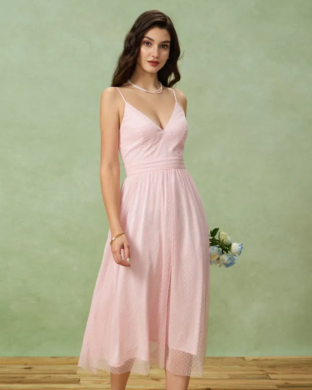 Pink V Neck Backless Slip Midi Dress sold by rihoas