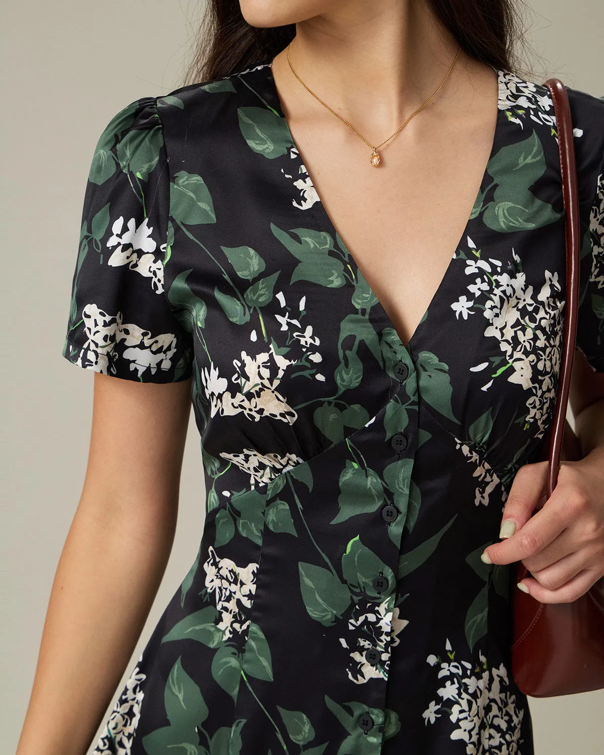 Black V Neck Floral Midi Dress sold by rihoas product image thumbnail 2