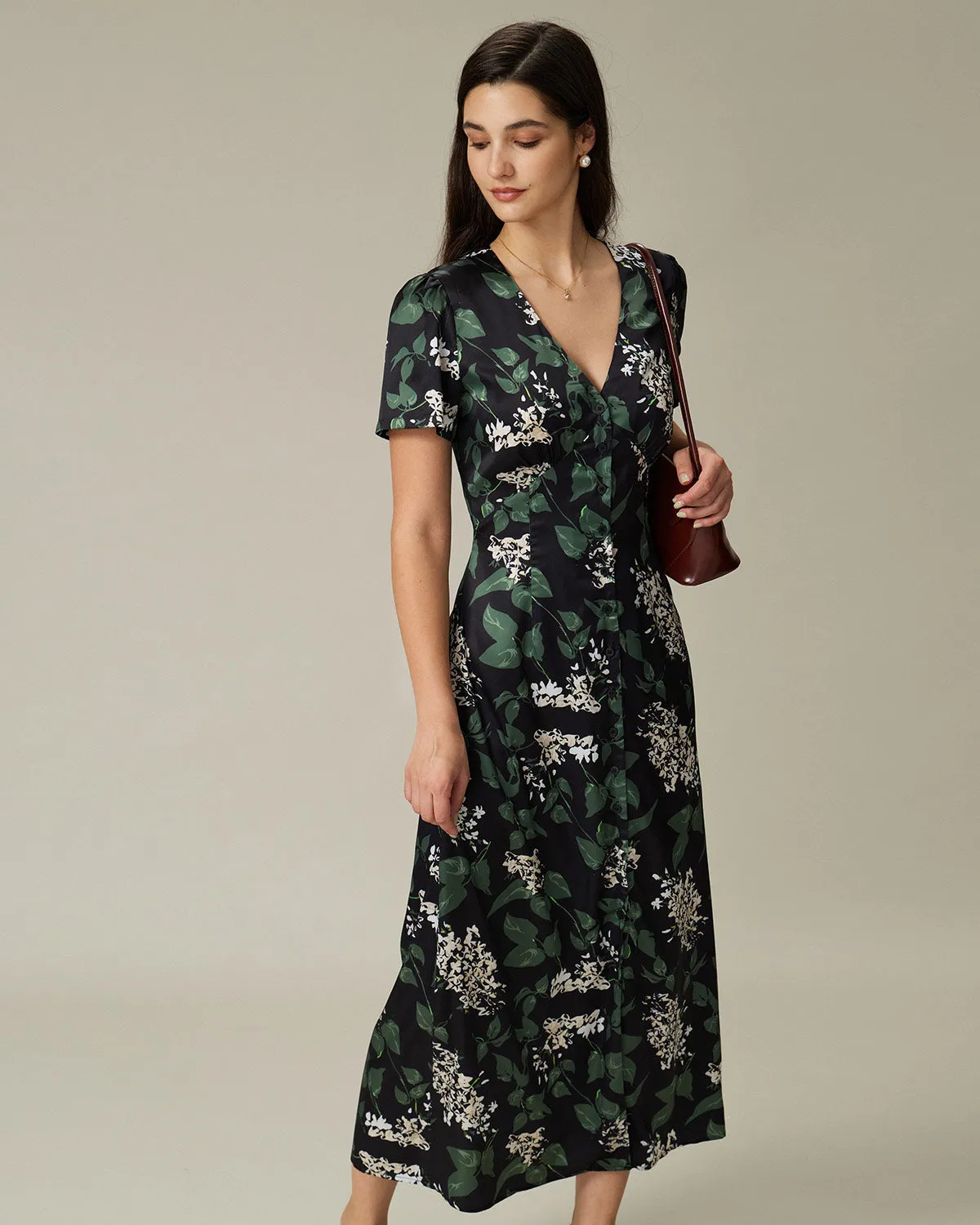 Black V Neck Floral Midi Dress sold by rihoas