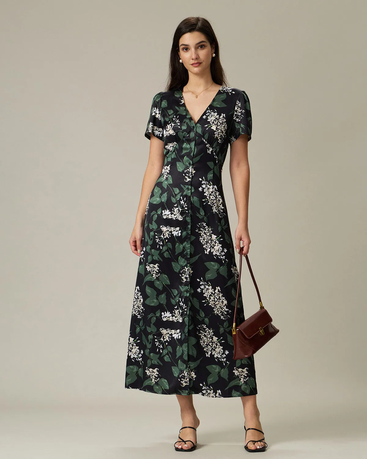 Black V Neck Floral Midi Dress sold by rihoas product image thumbnail 3