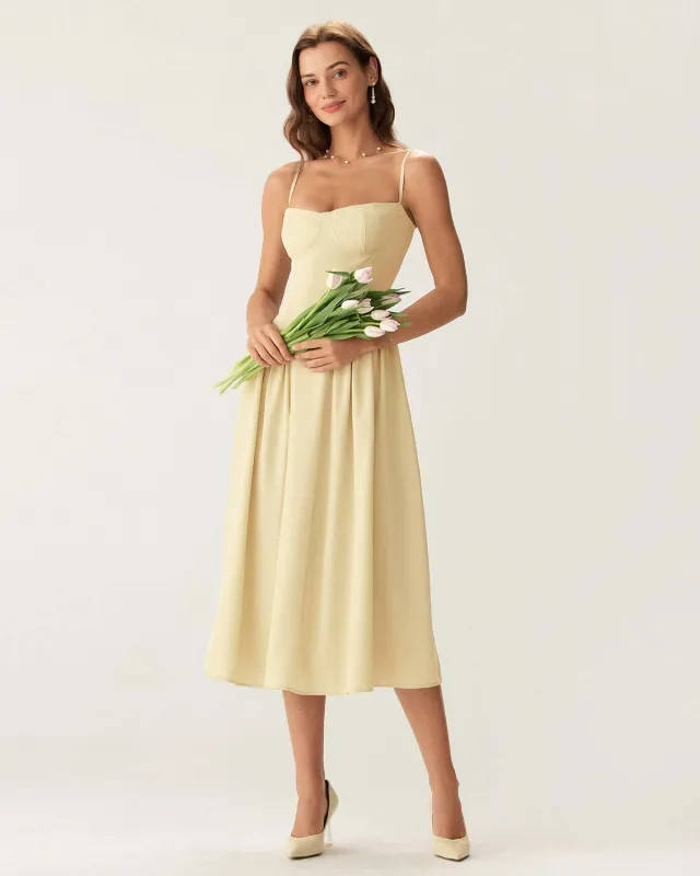Yellow Square Neck Pocket Slip Midi Dress sold by rihoas