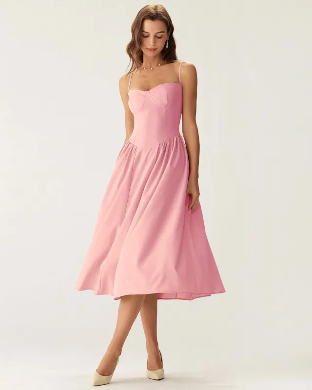 Pink Square Neck Pocket Slip Midi Dress sold by rihoas