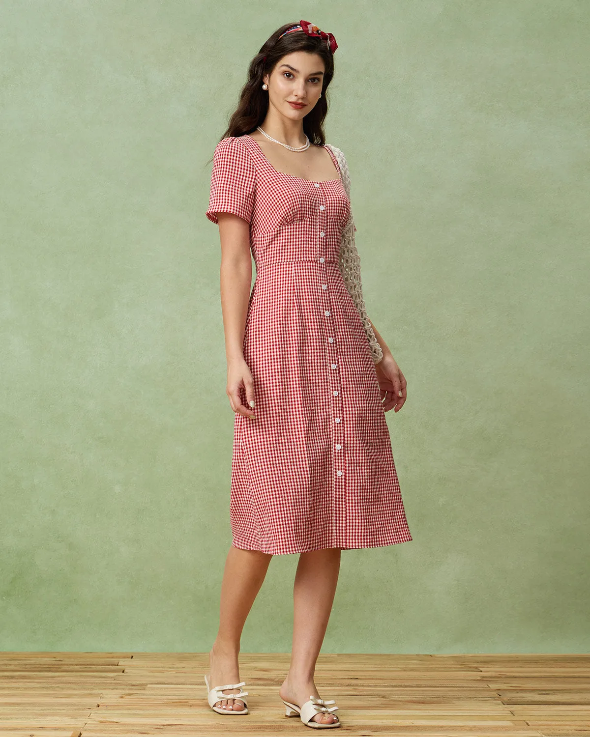 Red Plaid Square Neck Midi Dress sold by rihoas product image thumbnail 3