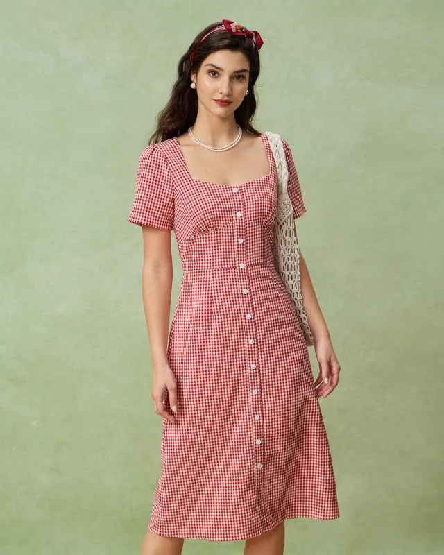 Red Plaid Square Neck Midi Dress sold by rihoas