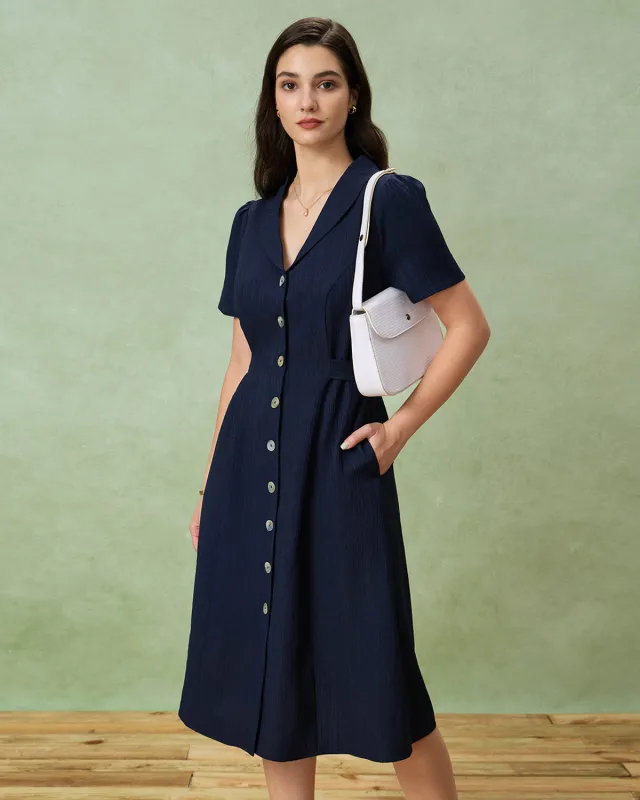 Navy Button A-Line Pocket Midi Dress sold by rihoas