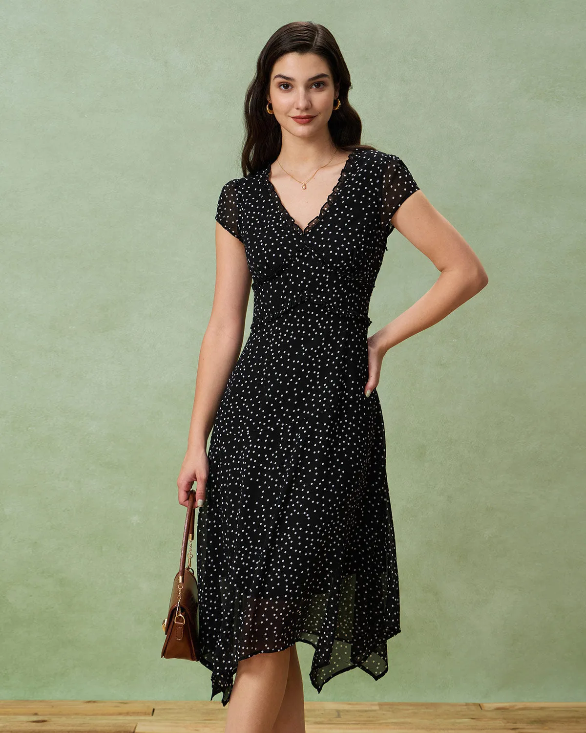 Black V Neck Polka Dot Midi Dress sold by rihoas