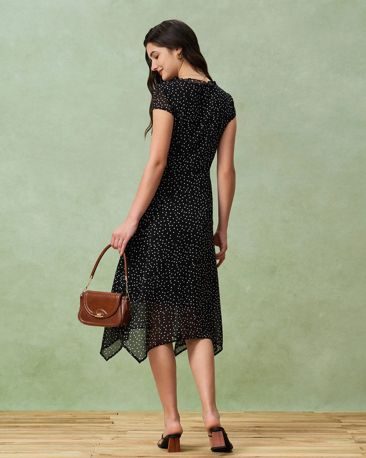 Black V Neck Polka Dot Midi Dress sold by rihoas product image thumbnail 5