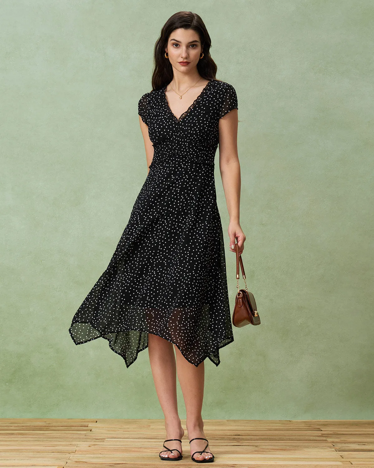 Black V Neck Polka Dot Midi Dress sold by rihoas product image thumbnail 4