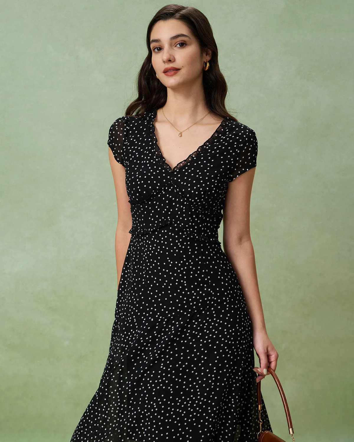 Black V Neck Polka Dot Midi Dress sold by rihoas product image thumbnail 3