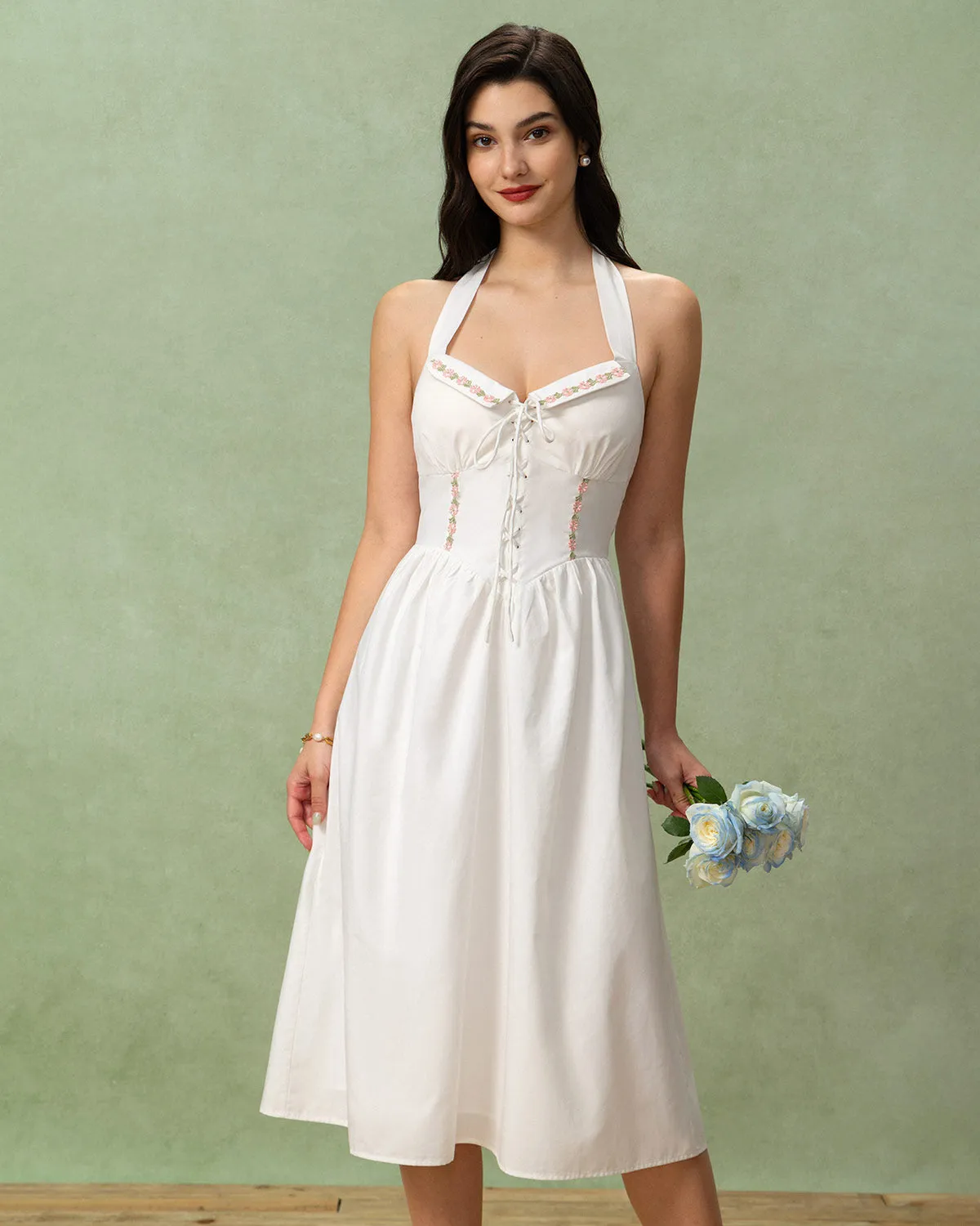 White Embroidery Halter Midi Dress sold by rihoas