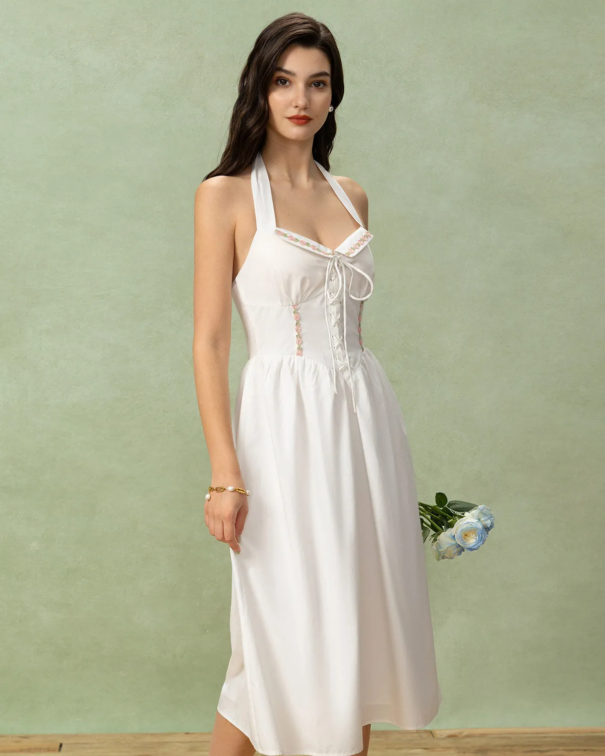 White Embroidery Halter Midi Dress sold by rihoas product image thumbnail 3