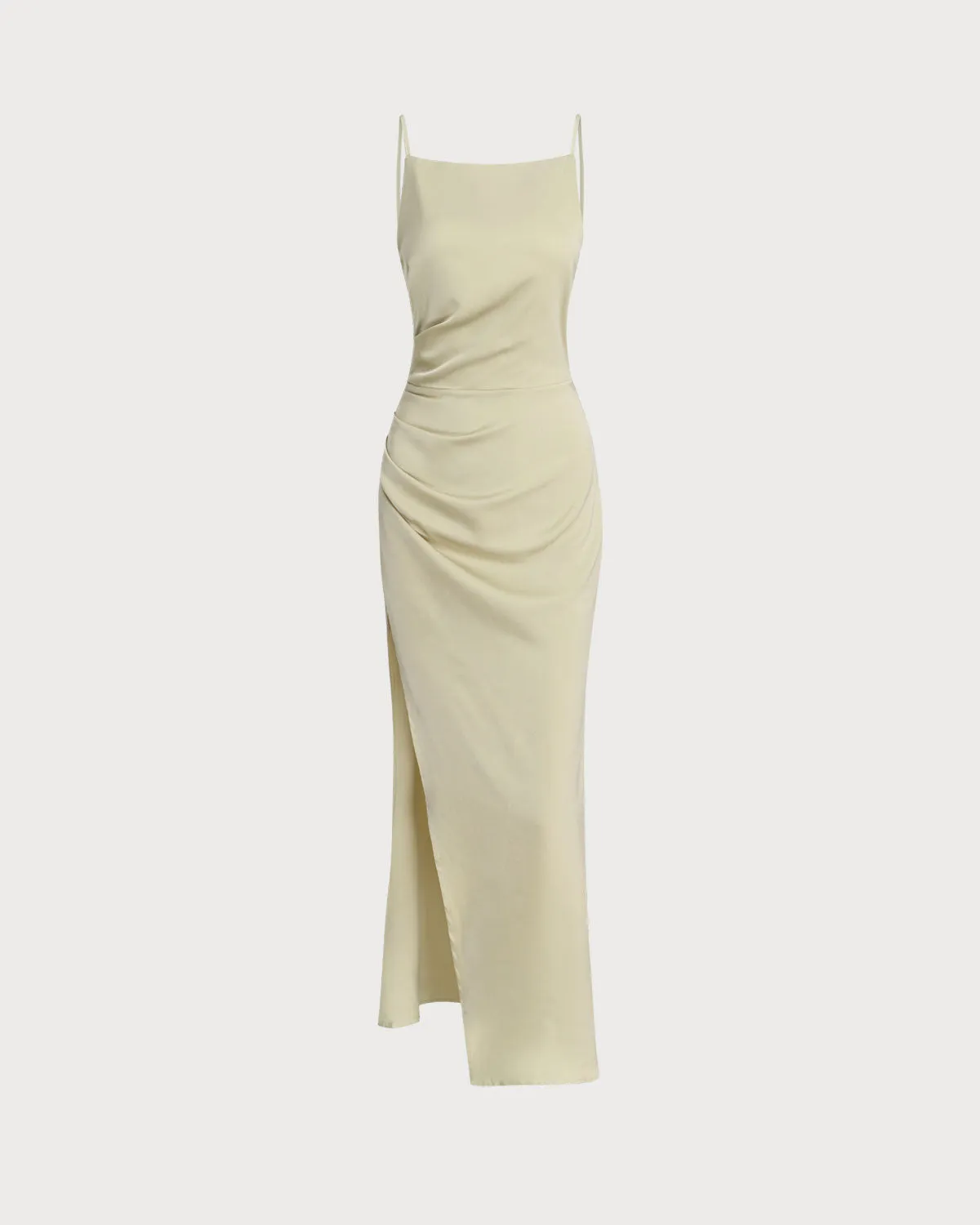 Green Ruched Slit Slip Maxi Dress sold by rihoas