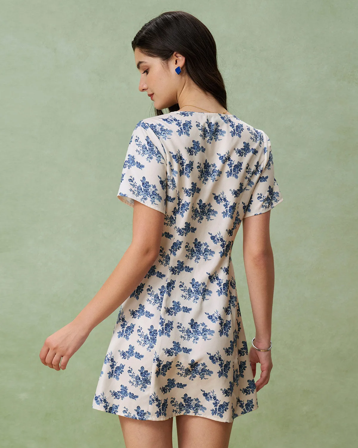 Blue Floral V-Neck Button Mini Dress sold by rihoas product image thumbnail 4
