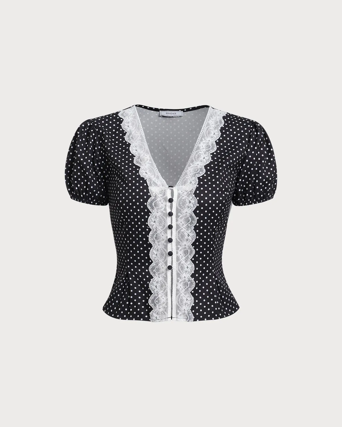 Black Polka Dot Lace Trim Blouse sold by rihoas