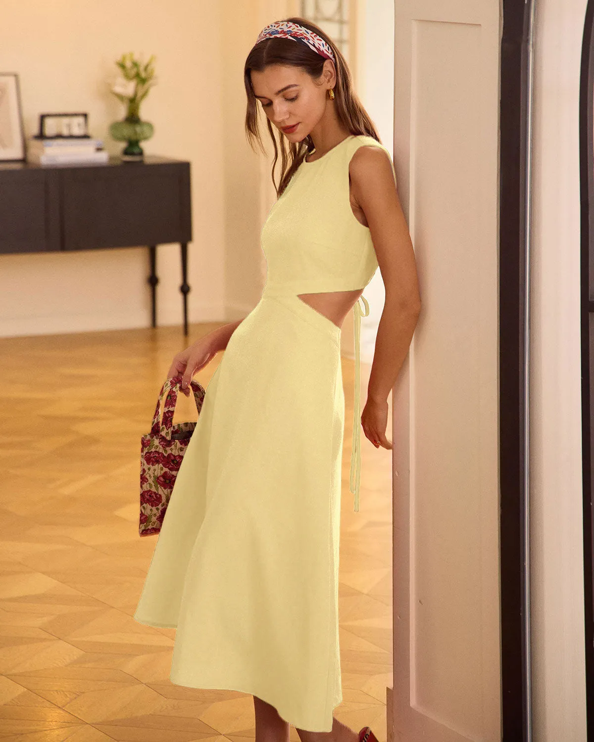 Yellow Round Neck Cut-Out Midi Dress sold by rihoas product image thumbnail 3