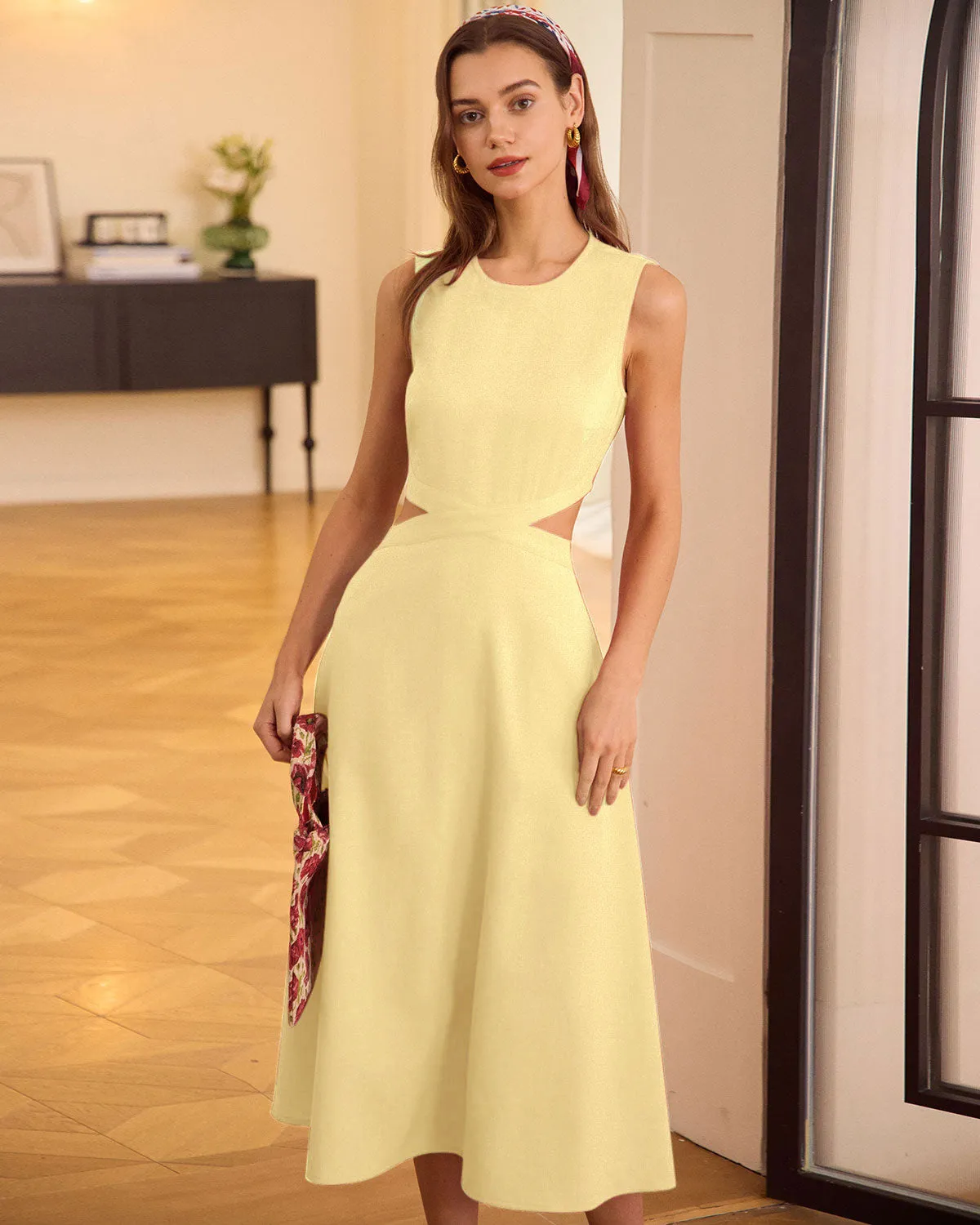 Yellow Round Neck Cut-Out Midi Dress sold by rihoas