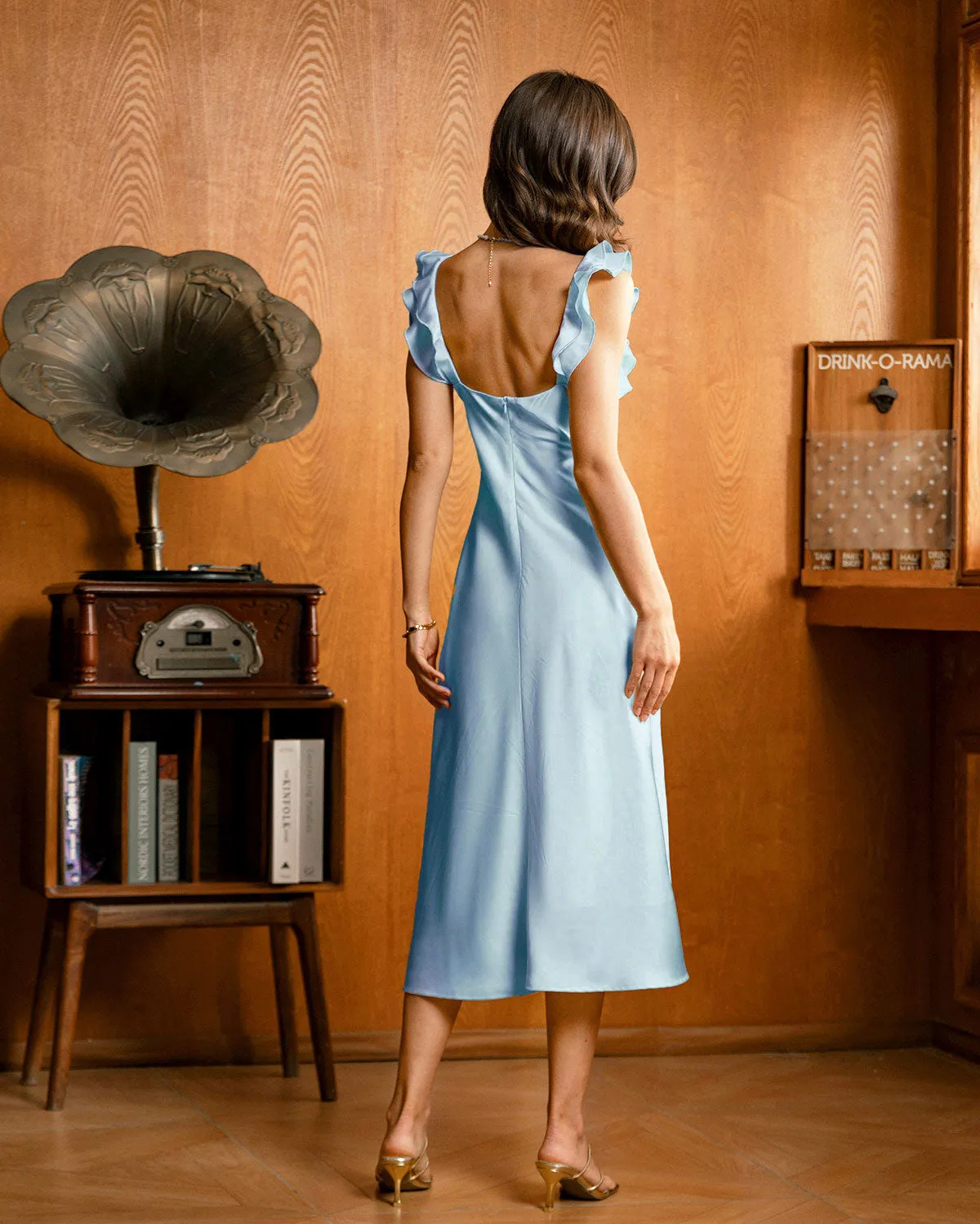 Blue Square Neck Ruffle Satin Midi Dress sold by rihoas product image thumbnail 5