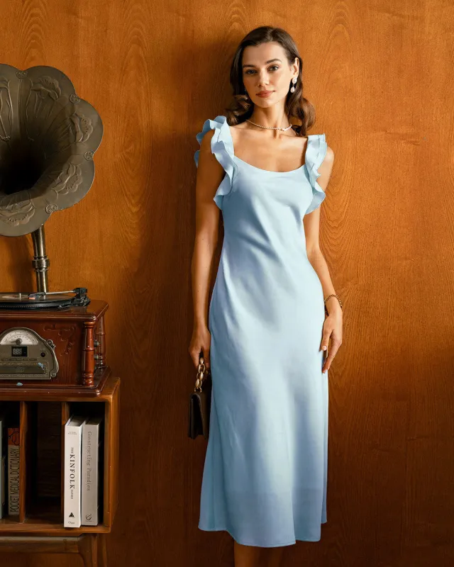 Blue Square Neck Ruffle Satin Midi Dress sold by rihoas