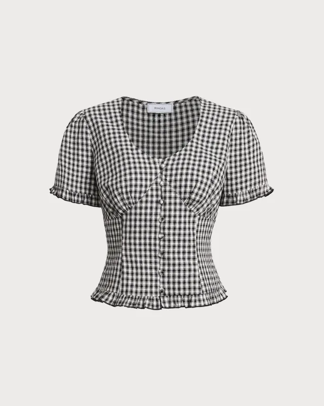 Black Plaid V Neck Ruffle Blouse sold by rihoas