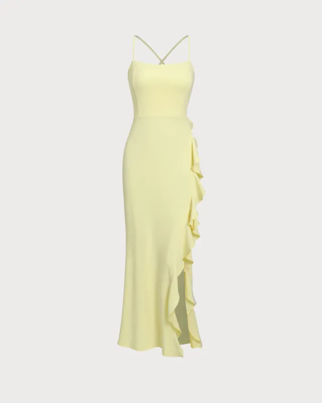 Yellow Ruffle Backless Slit Slip Maxi Dress sold by rihoas