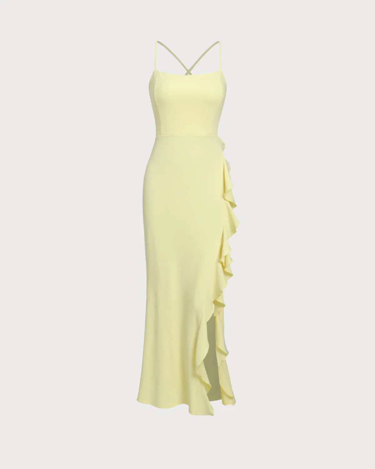 Yellow Ruffle Backless Slit Slip Maxi Dress sold by rihoas