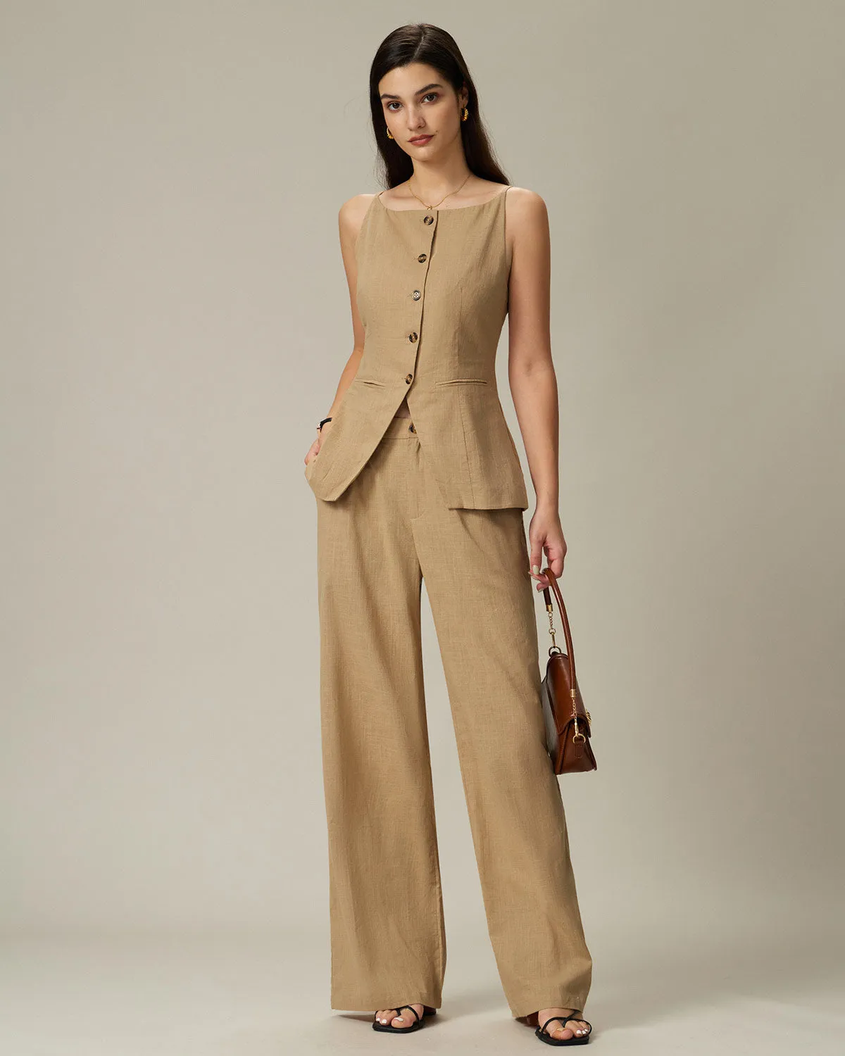 Brown Elastic Waist Pocket Straight Pants sold by rihoas product image thumbnail 3