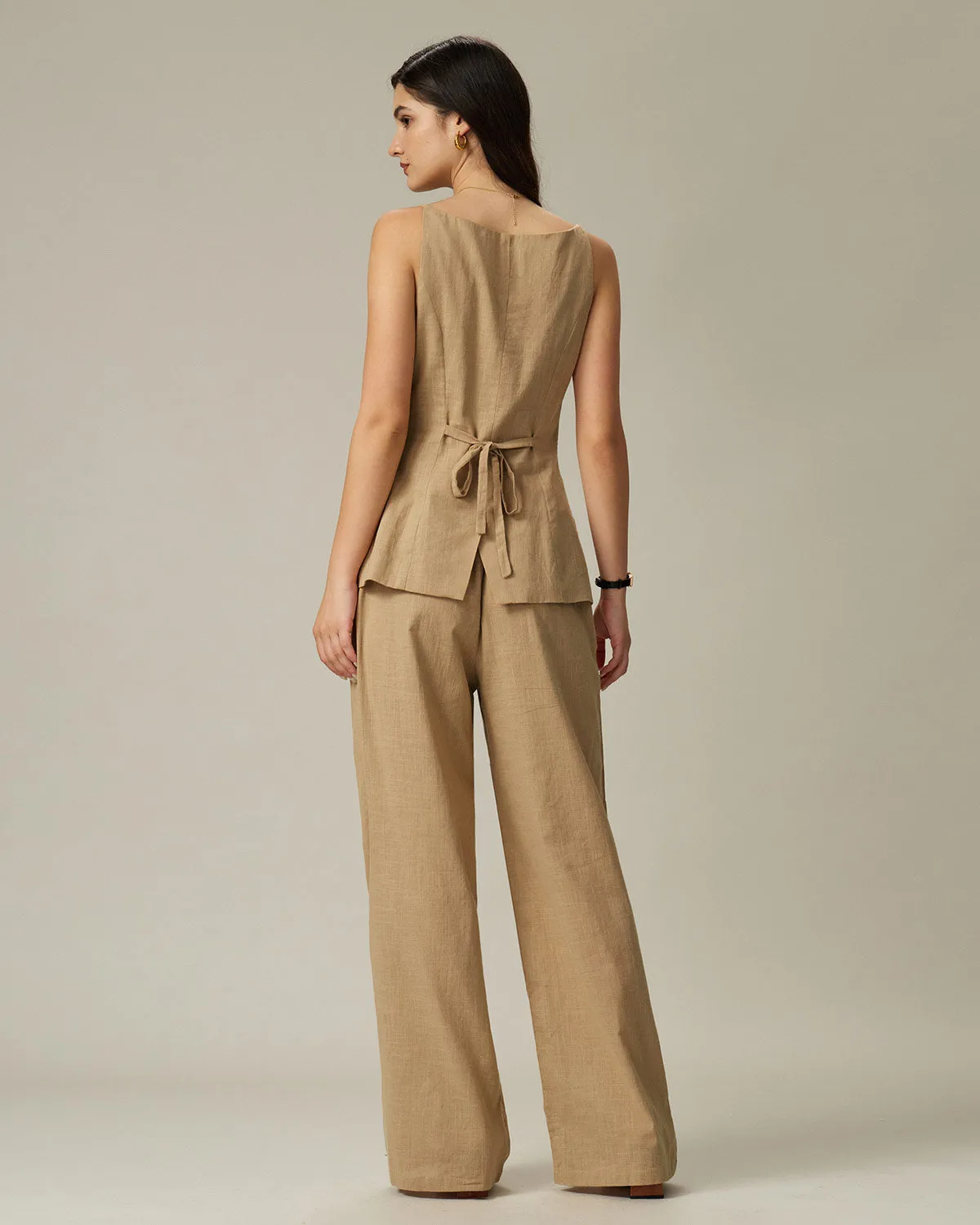 Brown Elastic Waist Pocket Straight Pants sold by rihoas product image thumbnail 5