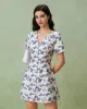 Blue Floral V-Neck Button A-Line Mini Dress sold by rihoas