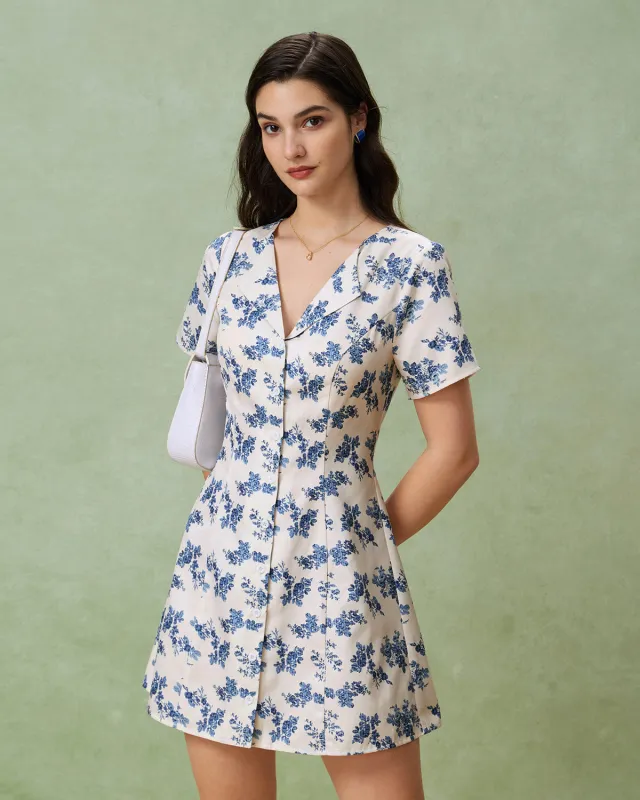 Blue Floral V-Neck Button A-Line Mini Dress sold by rihoas
