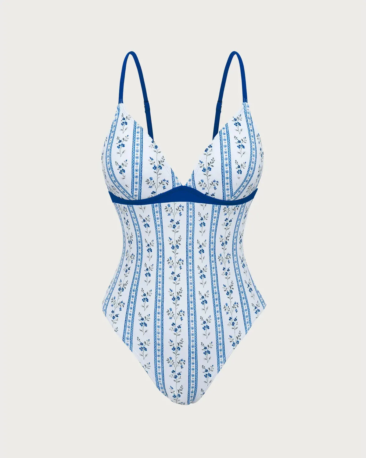 Light Blue Knit Contrast Elegant Printed One-Piece Swimsuit sold by rihoas