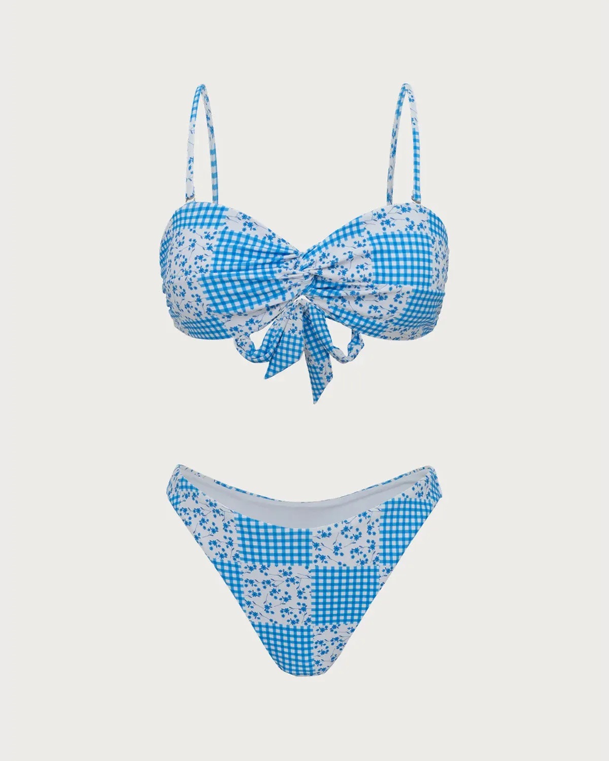 Blue Knitted Plaid Floral Print Twist Bikini Set sold by rihoas product image thumbnail 5