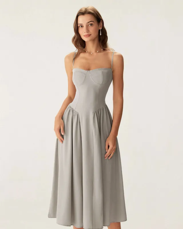 Grey Square Neck Pocket Slip Midi Dress sold by rihoas