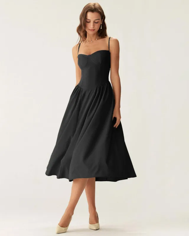 Black Square Neck Pocket Slip Midi Dress sold by rihoas
