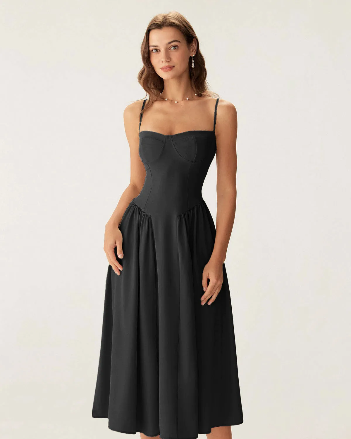 Black Square Neck Pocket Slip Midi Dress sold by rihoas product image thumbnail 3