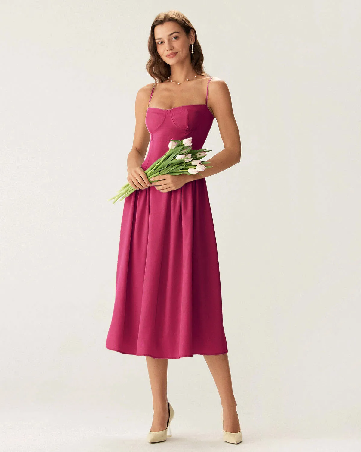 Wine Red Square Neck Pocket Slip Midi Dress sold by rihoas product image thumbnail 2