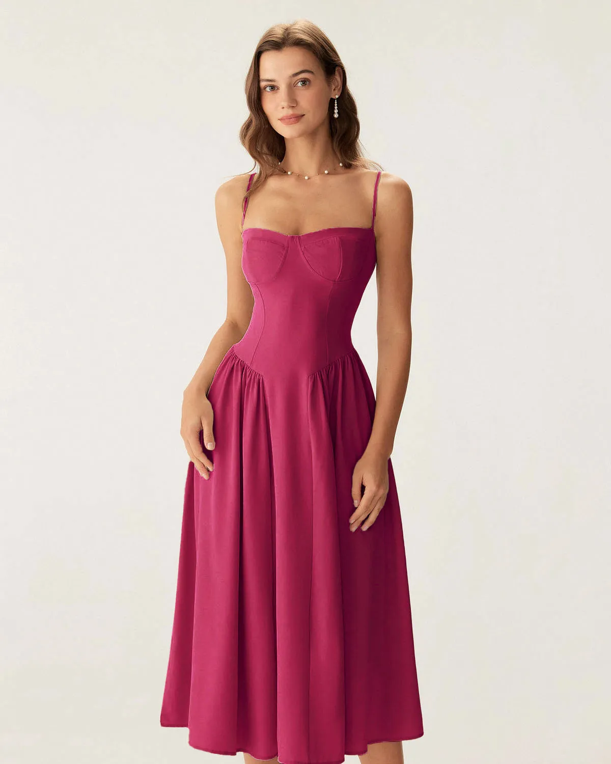 Wine Red Square Neck Pocket Slip Midi Dress sold by rihoas