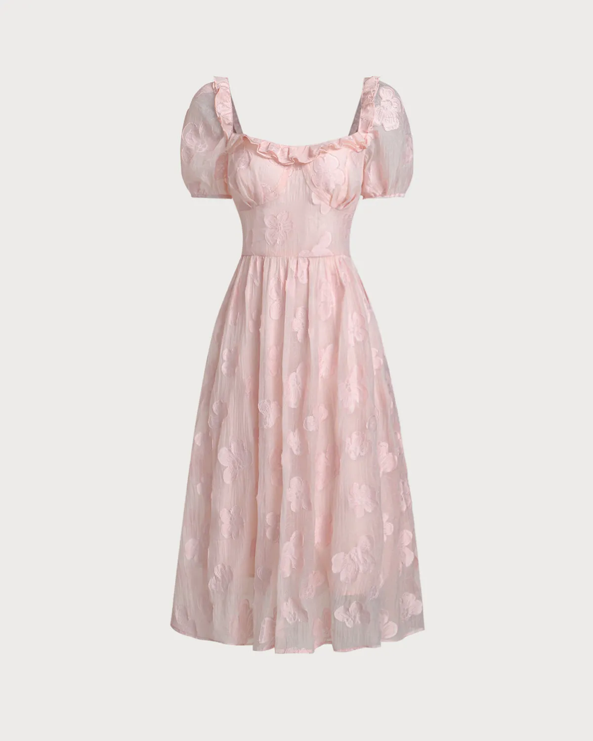 Pink Square Neck Puffed Sleeve Midi Dress sold by rihoas